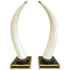 Glamorous Pair of Large 1980s Beverly Hills Stone and Brass Faux Tusks