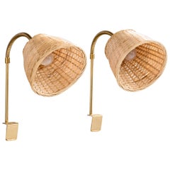 Swedish Designer, Task Lights, Brass, Rattan, Sweden, 1950s