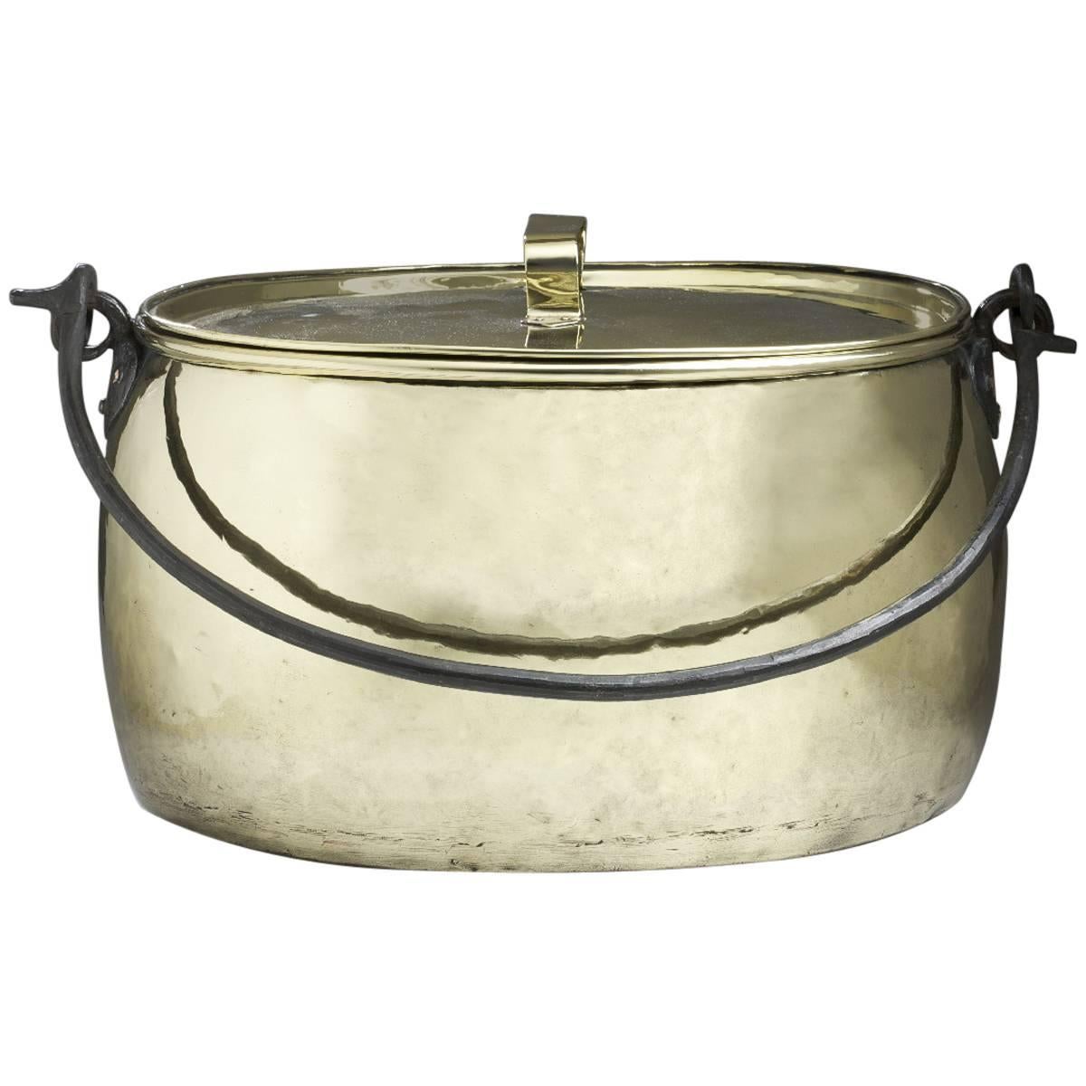 Dutch, Brass Monumental Kitchen Cooking Pot with Iron Handle, circa 1800 For Sale