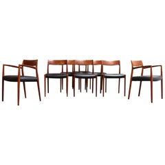 Set of Eight Danish Teak and Leather Niels O Møller Dining Chairs Models 77 & 57