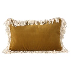 Selenita Large Yellow Curry Fringed Velvet Deluxe Handmade Decorative Cushion