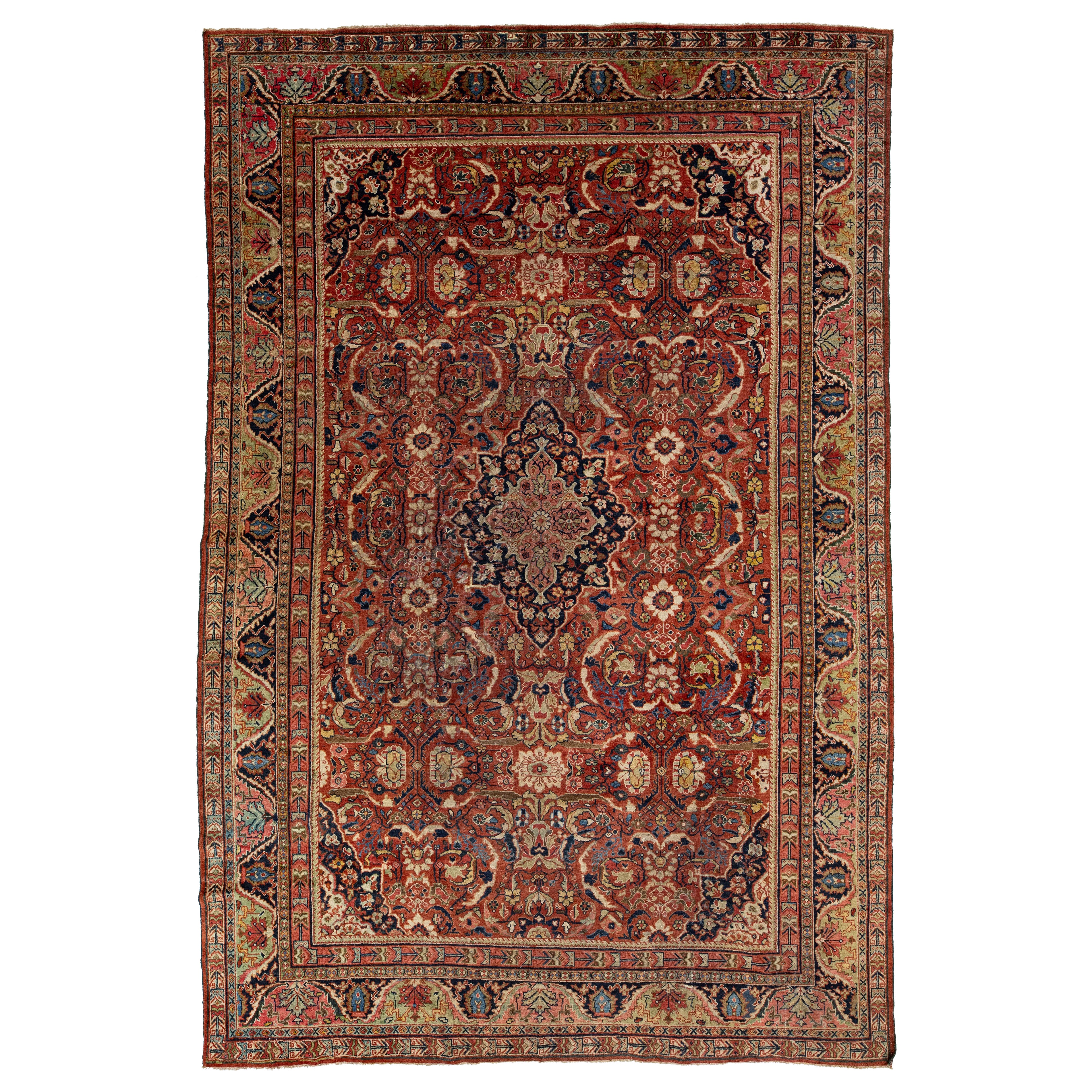 11 x 17 geblümt gestalteter antiker persischer Mahal-Wollteppich in Rot im Angebot