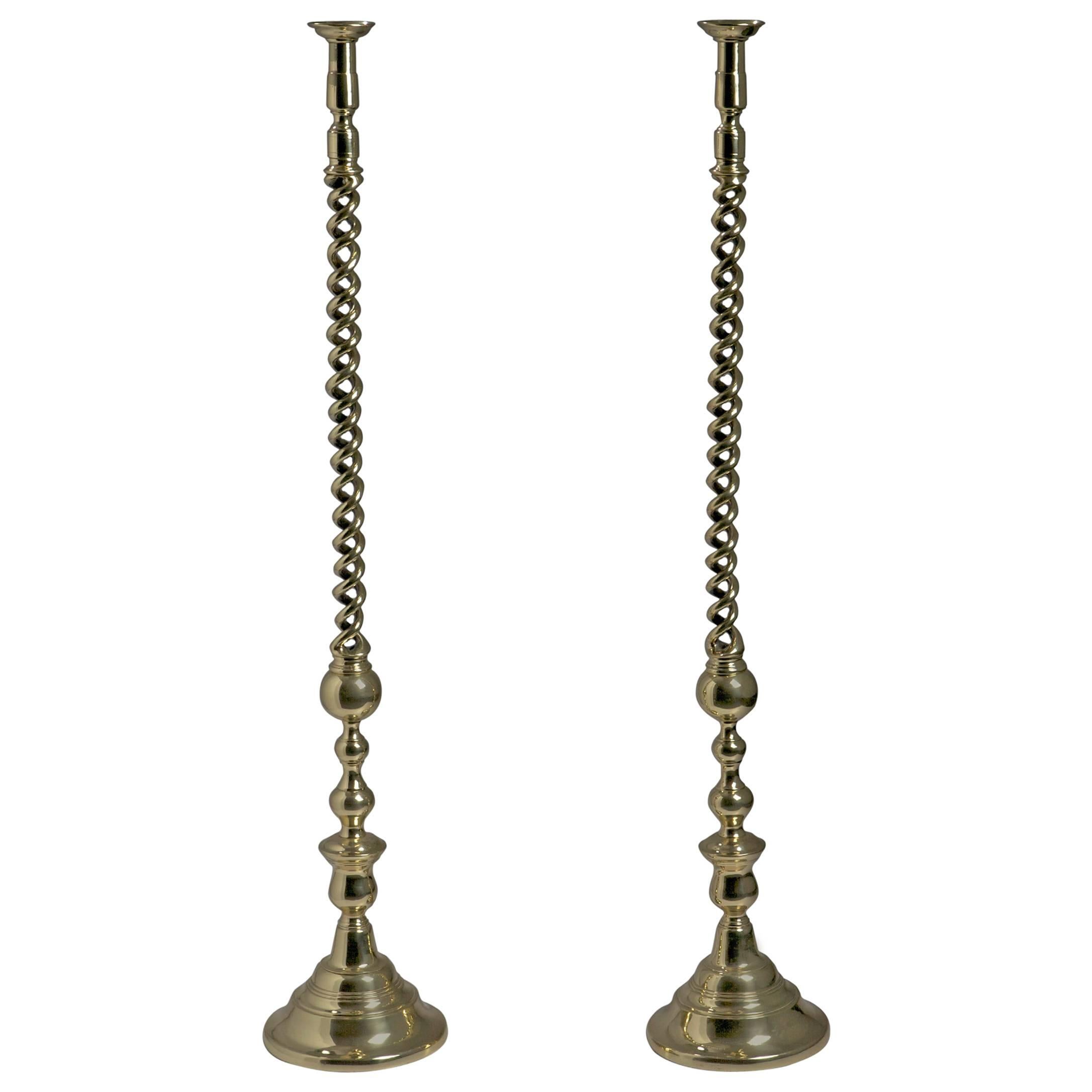 English, Brass Barley Twist Monumental Candlesticks, 19th Century For Sale