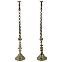 English, Brass Barley Twist Monumental Candlesticks, 19th Century