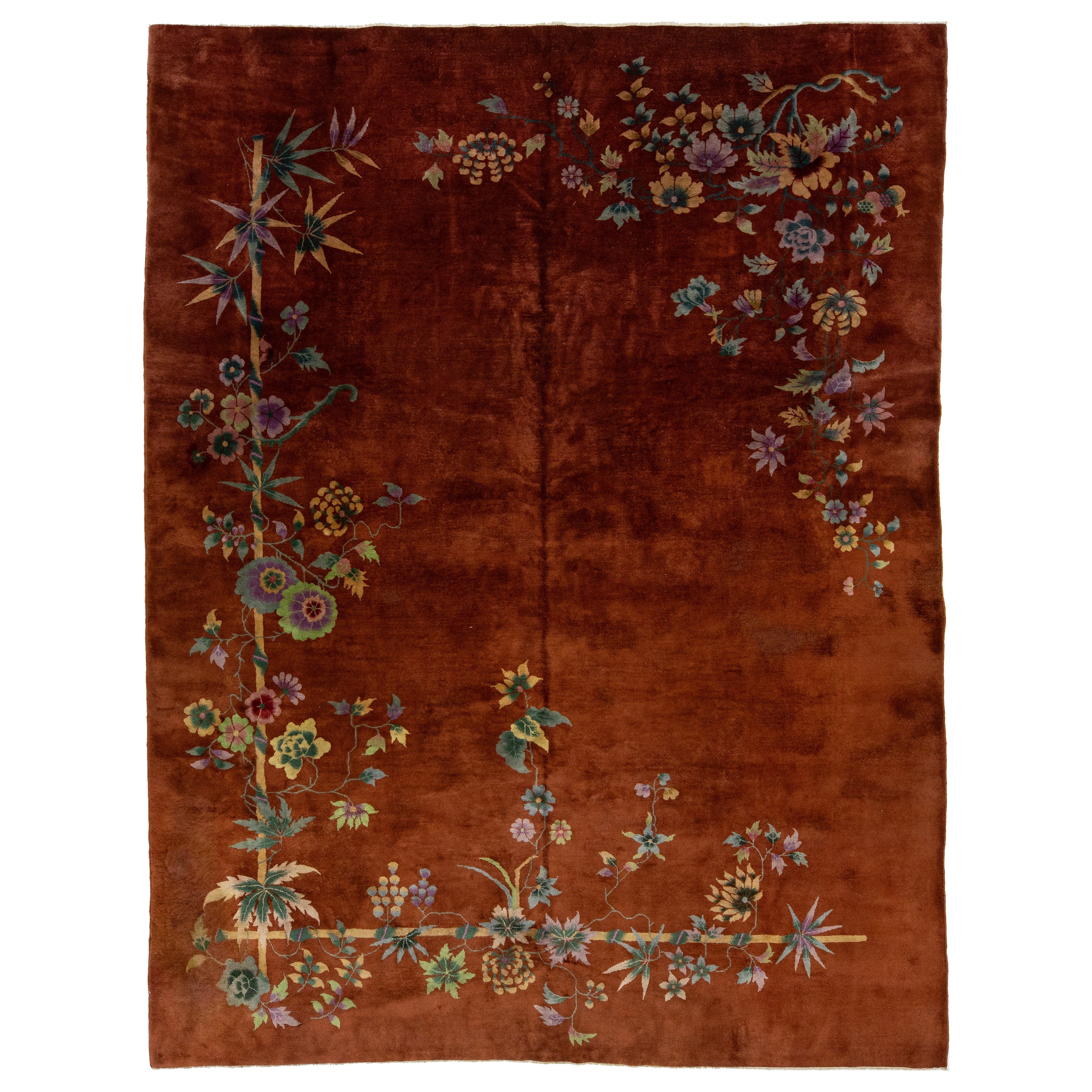 9 x 12 Antique Floral Chinese Art Deco Handmade Wool Rug in Burnt Orange