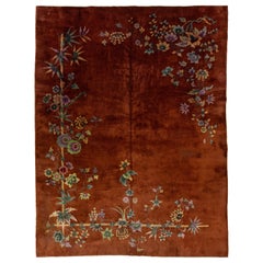 9 x 12 Antique Floral Chinese Art Deco Handmade Wool Rug in Burnt Orange