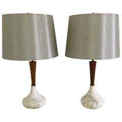 Pair of Italian Carrara Marble and Teak Lamps, 1960s