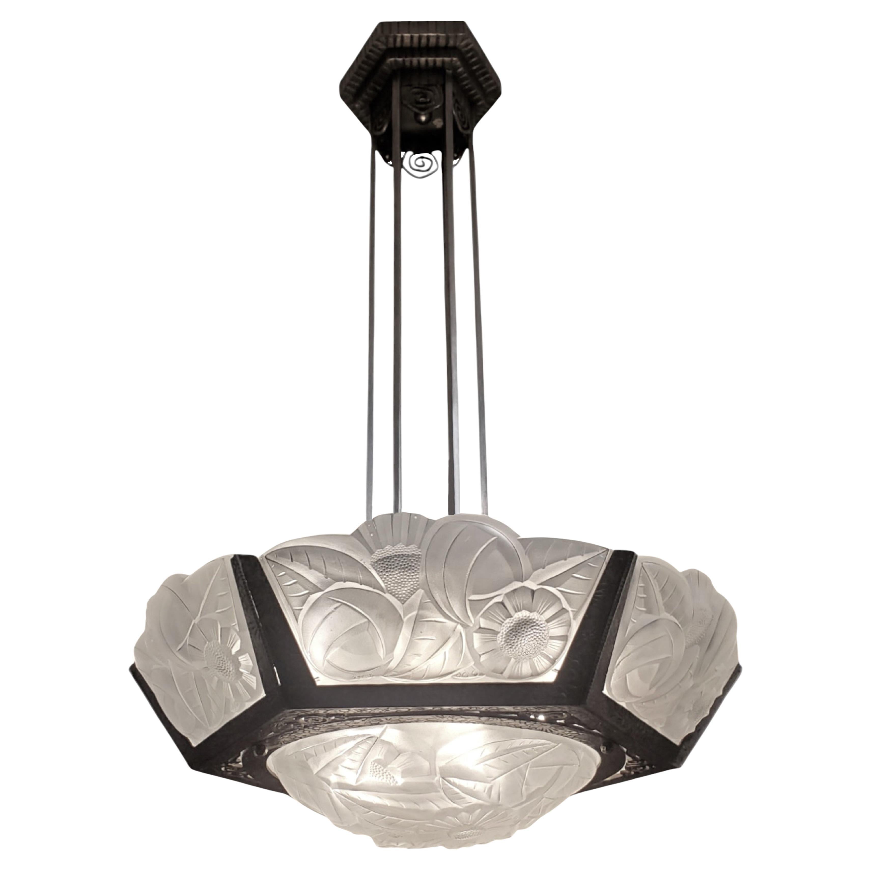 French Art Deco original frosted 6 panel art glass chandelier Signed Degué