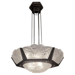 French Art Deco original frosted 6 panel art glass chandelier Signed Degué