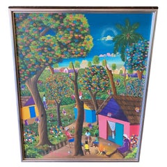 E A Othello Signed Haiti Original Haitian Folk Art Village Scene Oil Painting