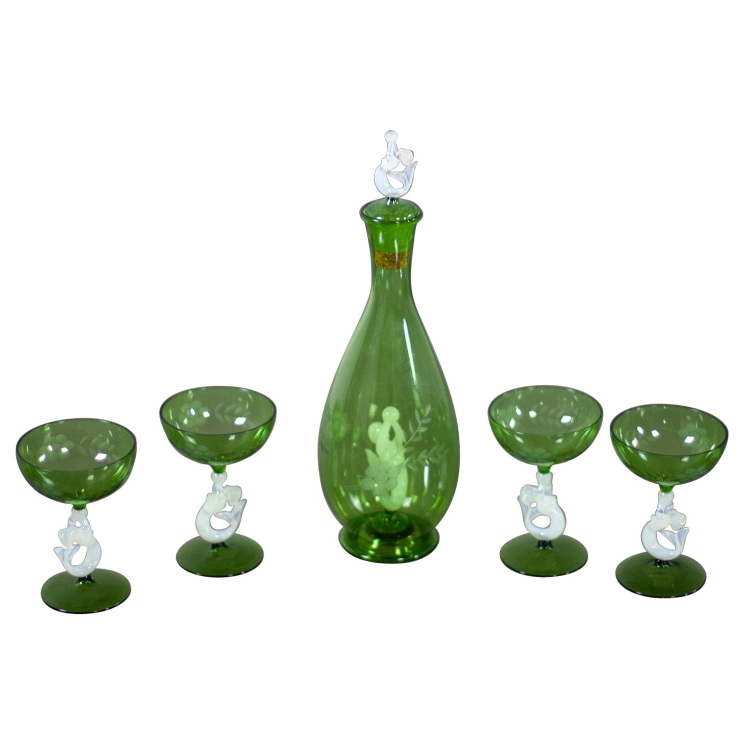 Juego de cristal Art Decó a Art Nouveau Bimini Austrian Art Glass 1 decantador y 4 copas