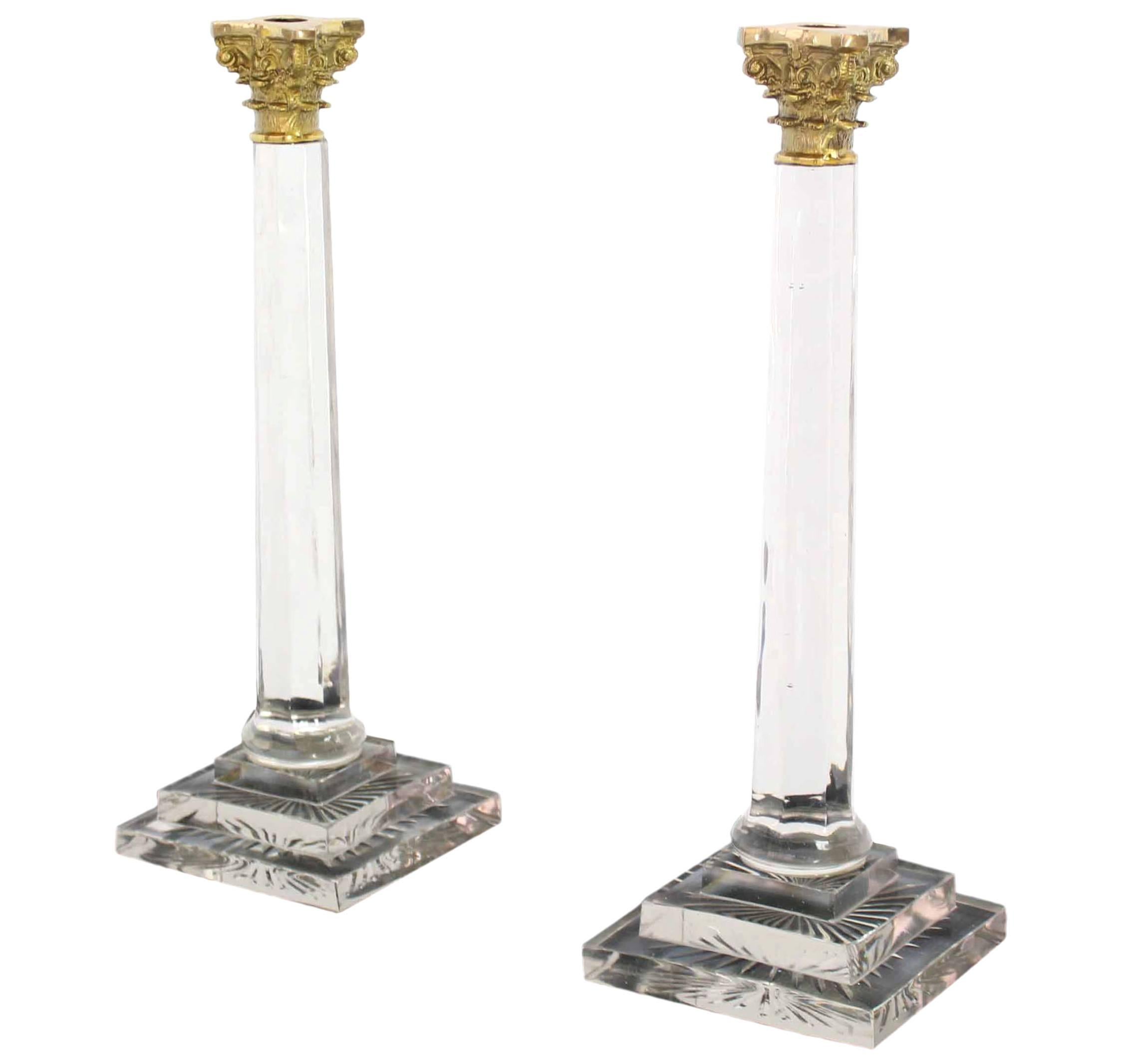 Pair of 20 inches  Tall Glass and Brass Candle Sticks