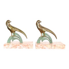Art Deco Bronze and Marble Pheasant Bookends, Pair