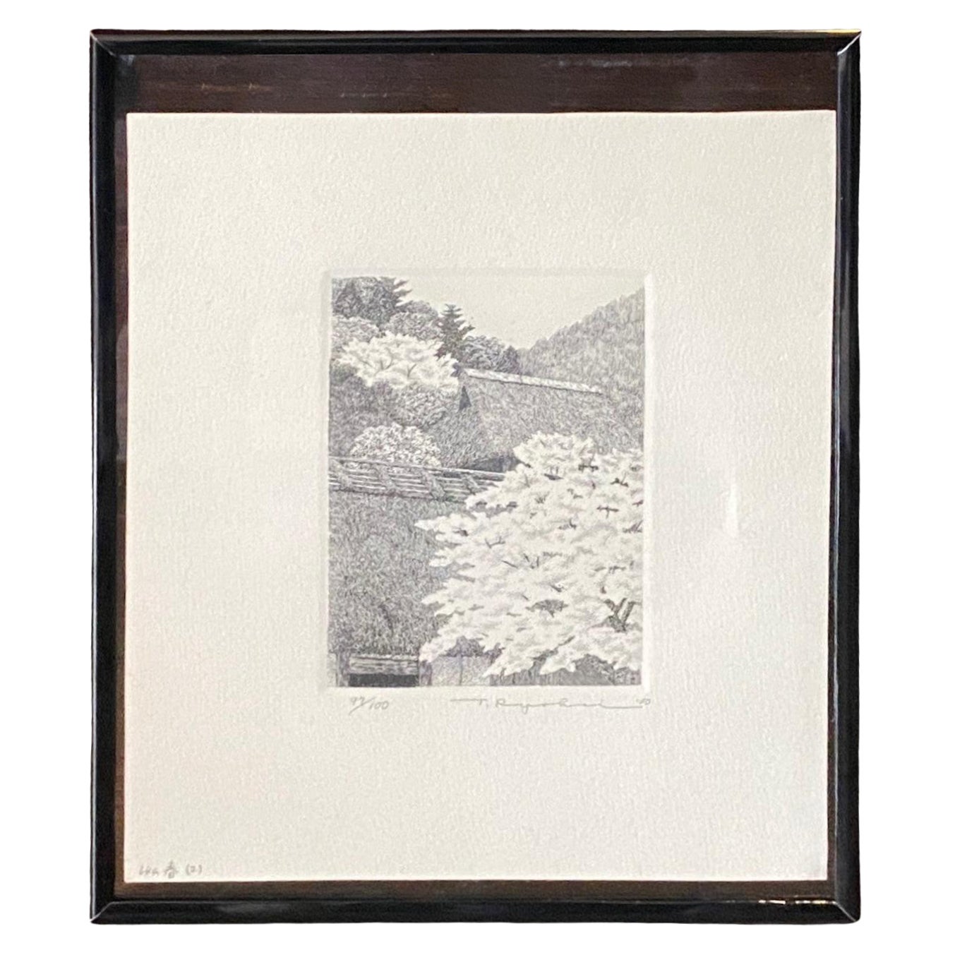 Ryohei Tanaka Signed Limited Ed. Japanese Etching Cherry Blossoms Thatched Roof