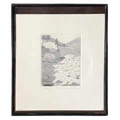 Ryohei Tanaka Signed Limited Ed. Japanese Etching Cherry Blossoms Thatched Roof