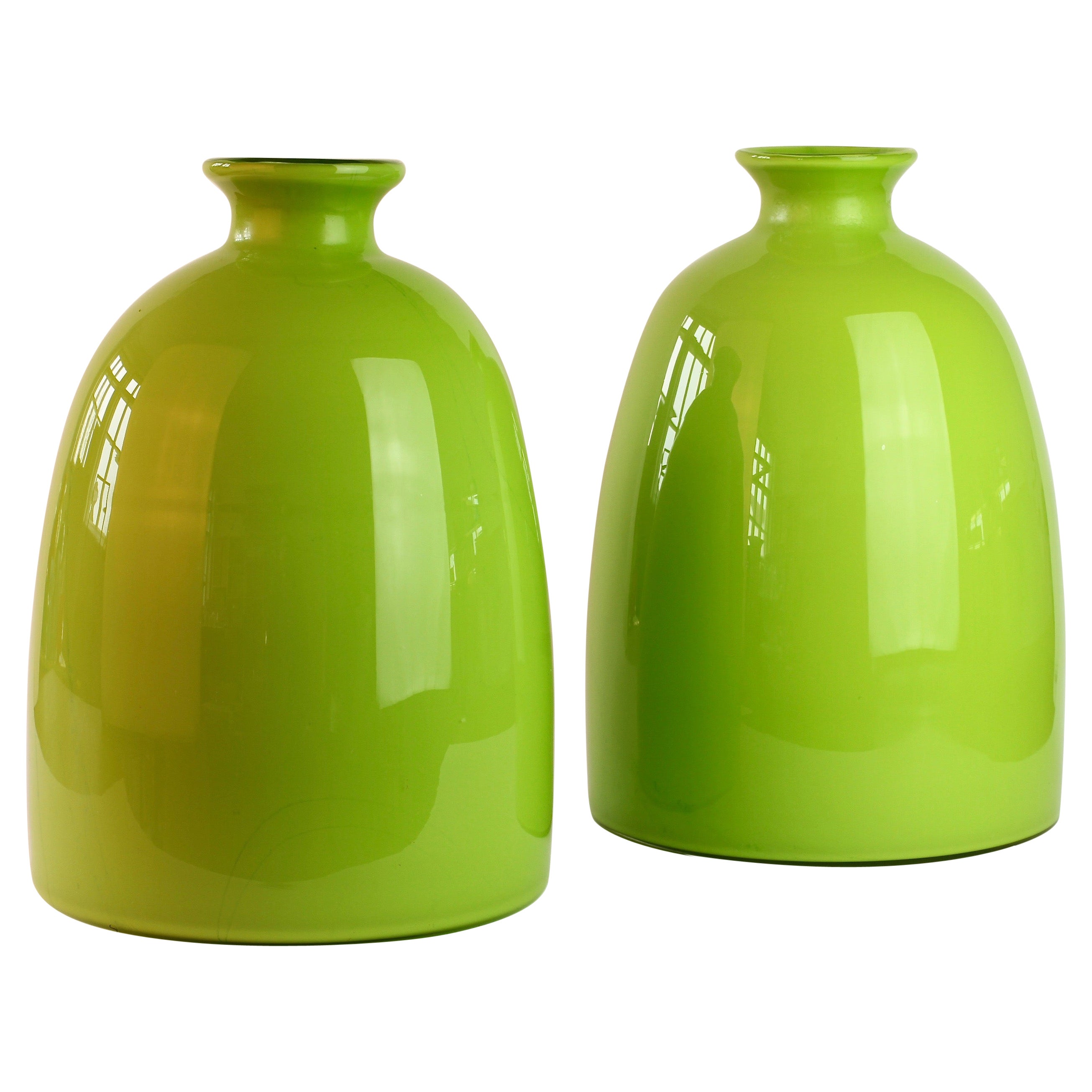 Buntes großes Paar grüner Vasen aus italienischem Vintage Murano Glas von Cenedese