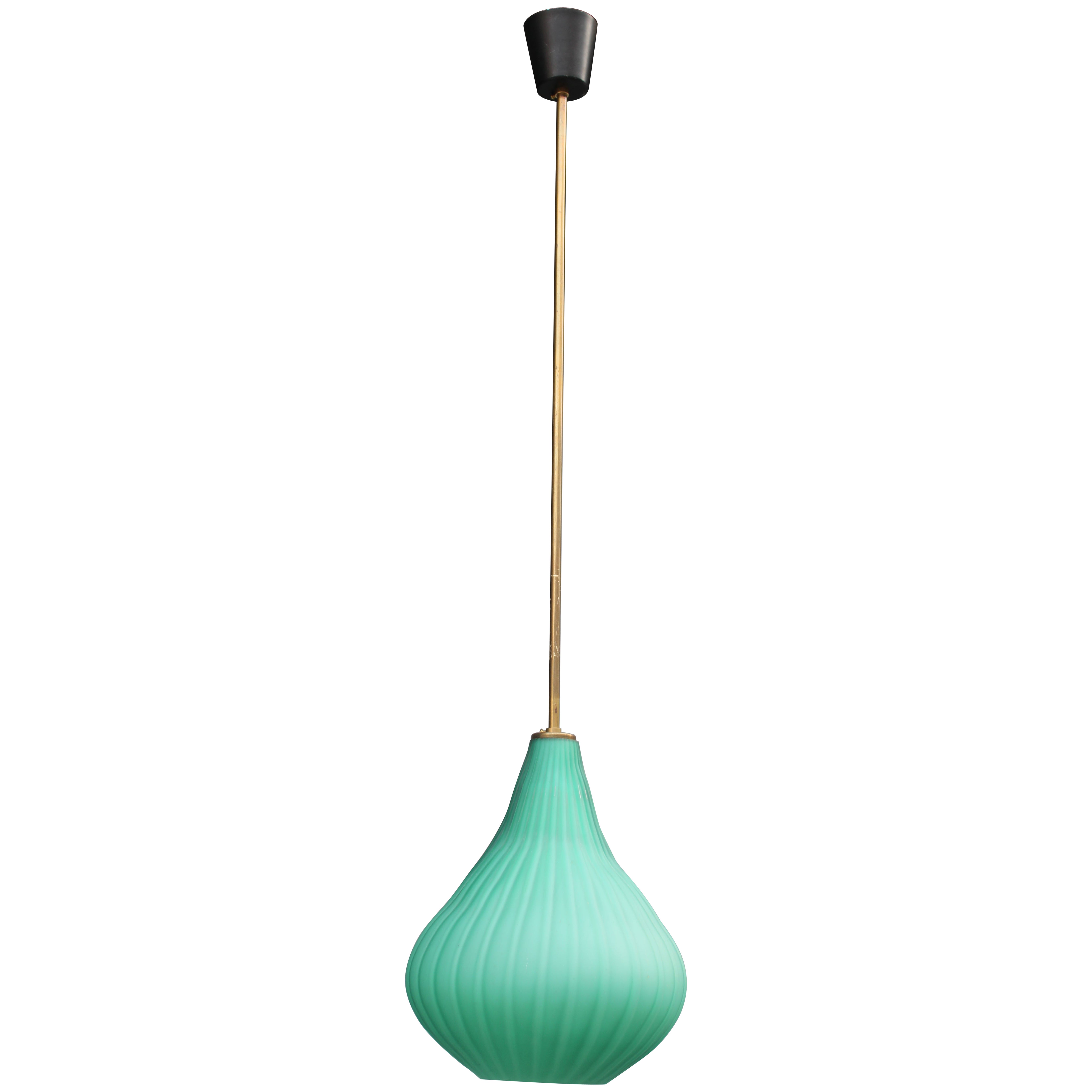 Vistosi Chandelier Green color Murano Glass and Brass 1950s