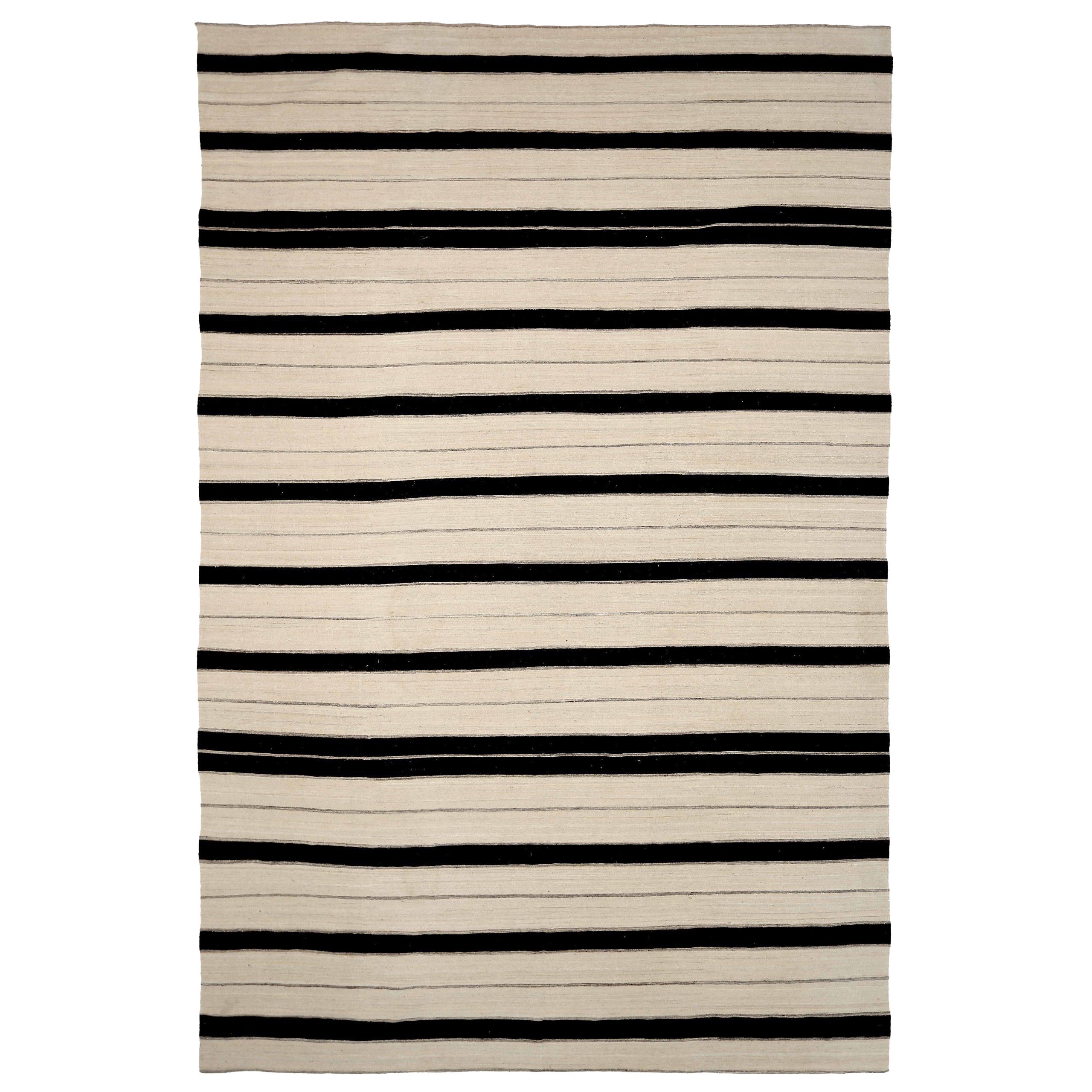 Afghanistan Kelim Over Size Teppich - Wolle Schwarz Elfenbein Design - 92096