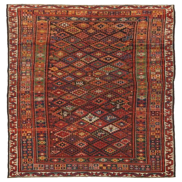 Russischer Kazak Kleiner Teppich - Wolle Braun Grün Rot Gelb Design - 92325 im Angebot
