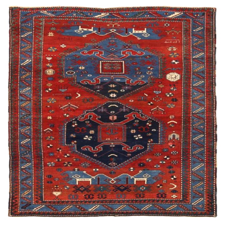 Petit tapis russe azerbaïdjan bleu marine bleu rouge motif - 92352
