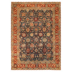Persian Tabriz Area Rugs - Wool Ivory Navy Blue Red Design - 93402