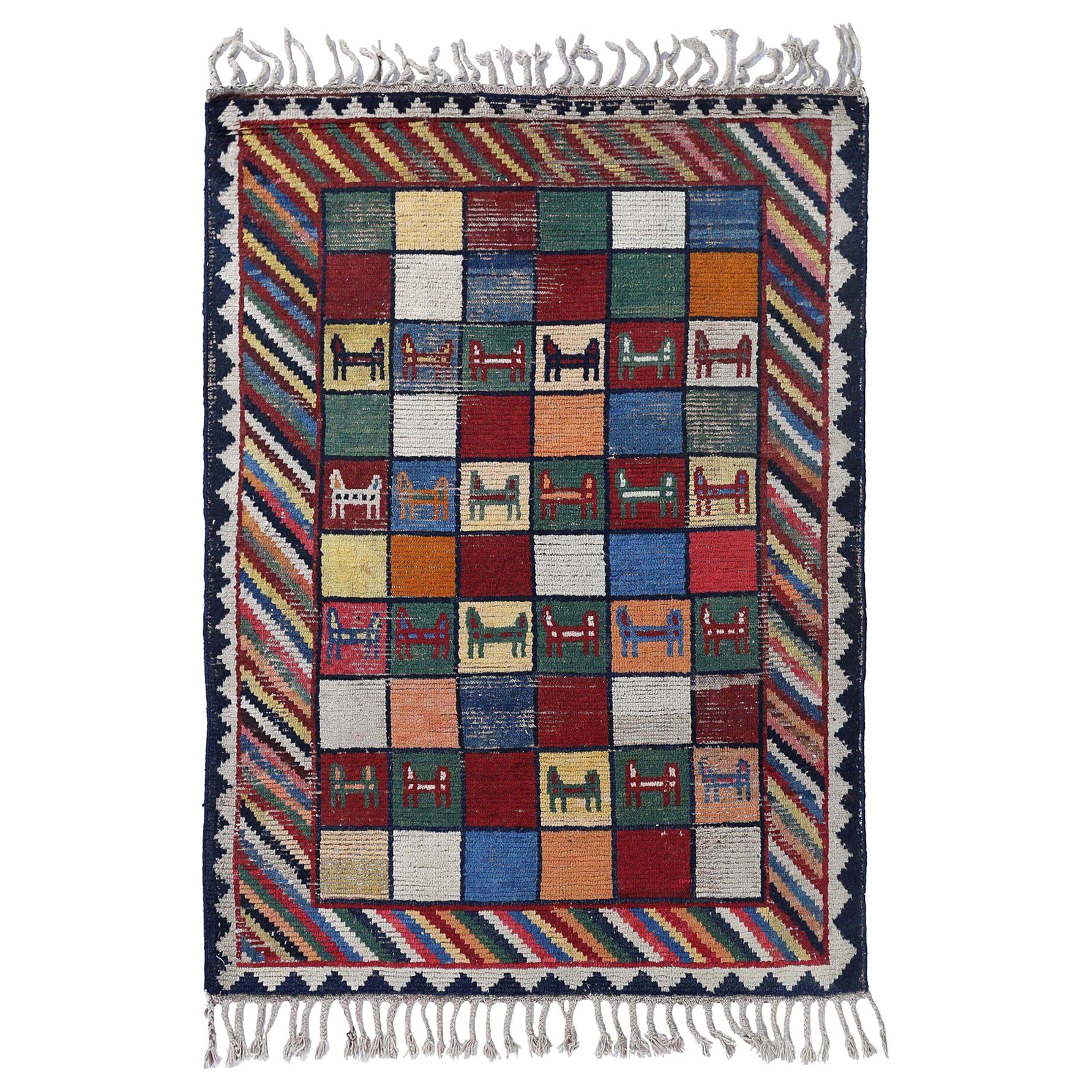 Persischer Gabbeh Kleiner Teppich - Wolle Blau Orange Rot Gelb Design - 96897