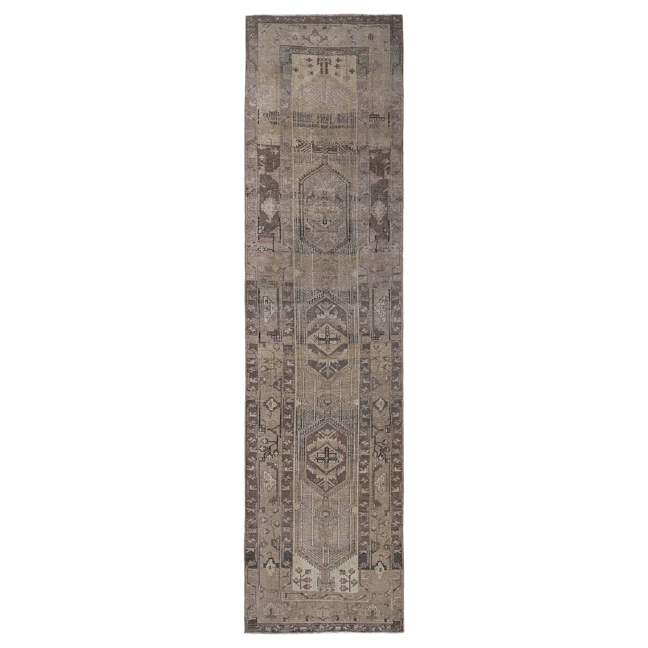 Persian Azerbaijan Runner Rug - Wool Brown Taupe Design - 96673