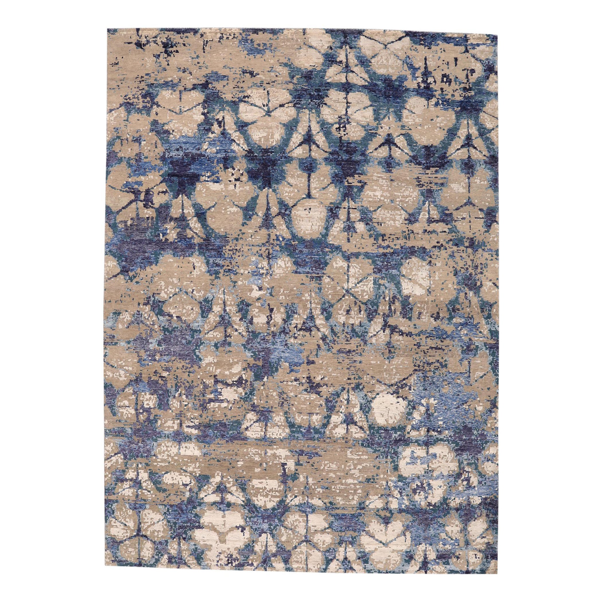 Tapis de laine bleu ivoire taupe motif indien - 97330