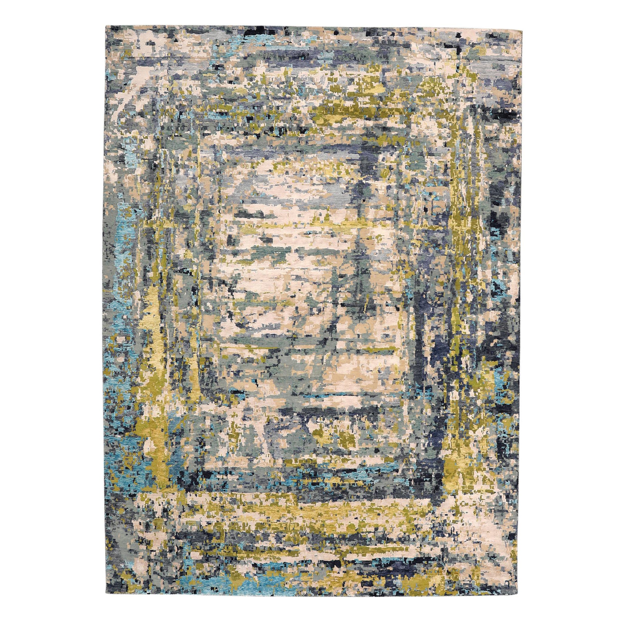Tapis de laine bleu vert ivoire jaune motif indien - 97332