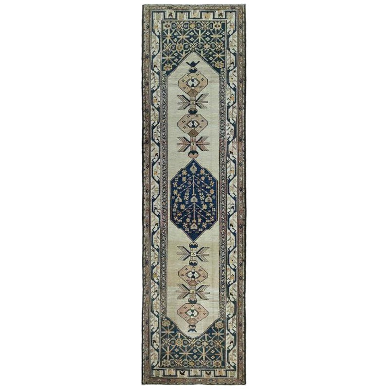 Persische Aserbaidschan Läufer Teppich - Wolle Blau Braun Elfenbein Design - 97903