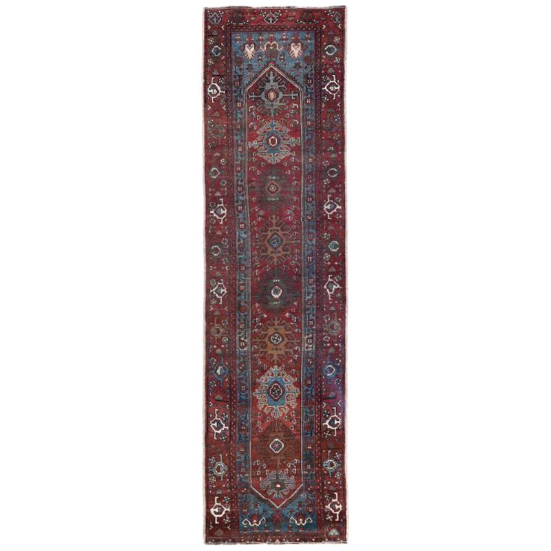 Persische Aserbaidschan Läufer Teppich - Wolle Blau Braun Elfenbein Rot - 97912