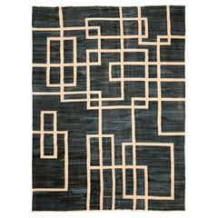 Afghanistan Kilim Area Rugs - Wool Black Blue Ivory Design - 93899