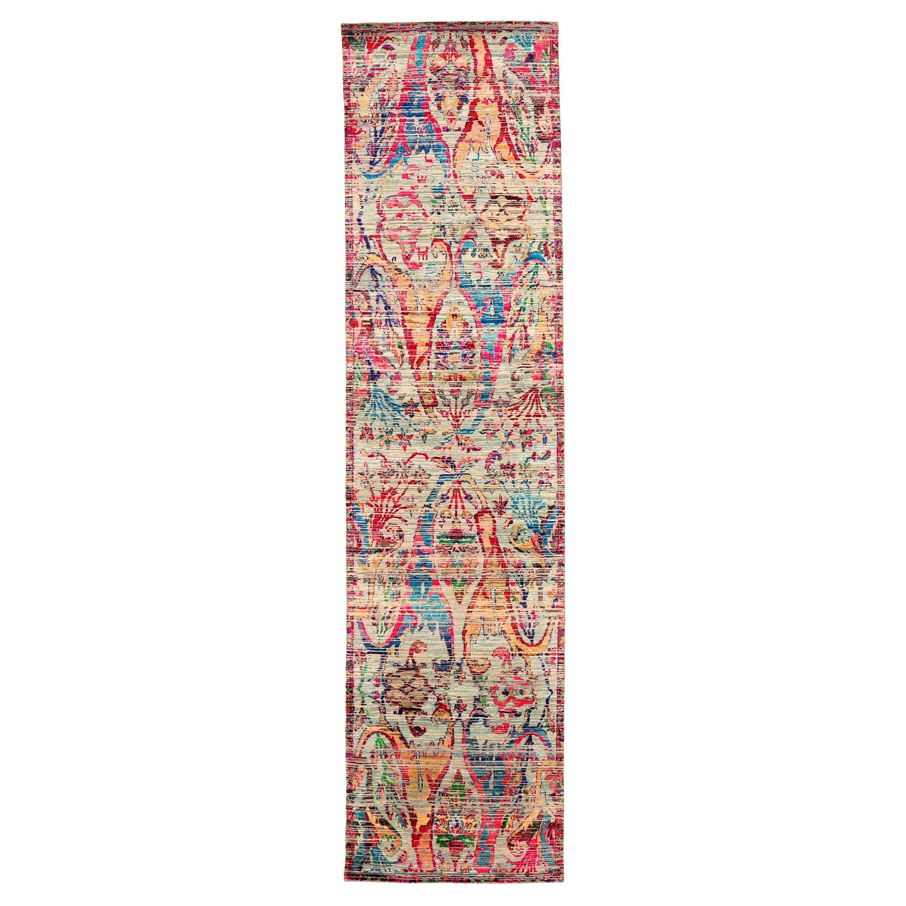 Tapis de course moderne indien - Laine bleu ivoire rose rouge motif - 94045