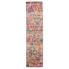 Moderner indischer Läufer - Wolle Blau Elfenbein Rosa Rot Design - 94045