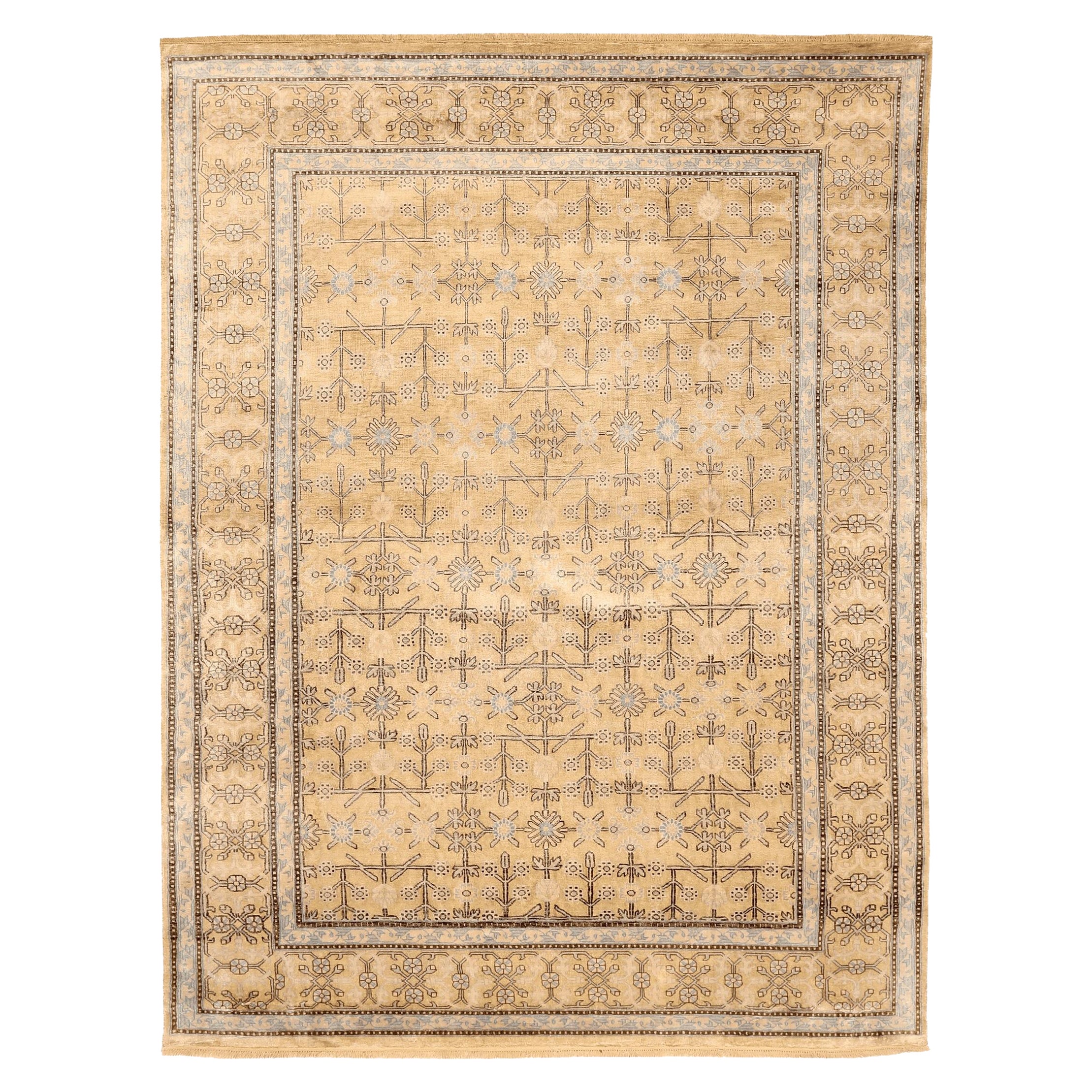 Khotan-Teppiche aus Wolle – elfenbeinfarbenes, gelbes Design – 94119, Indien