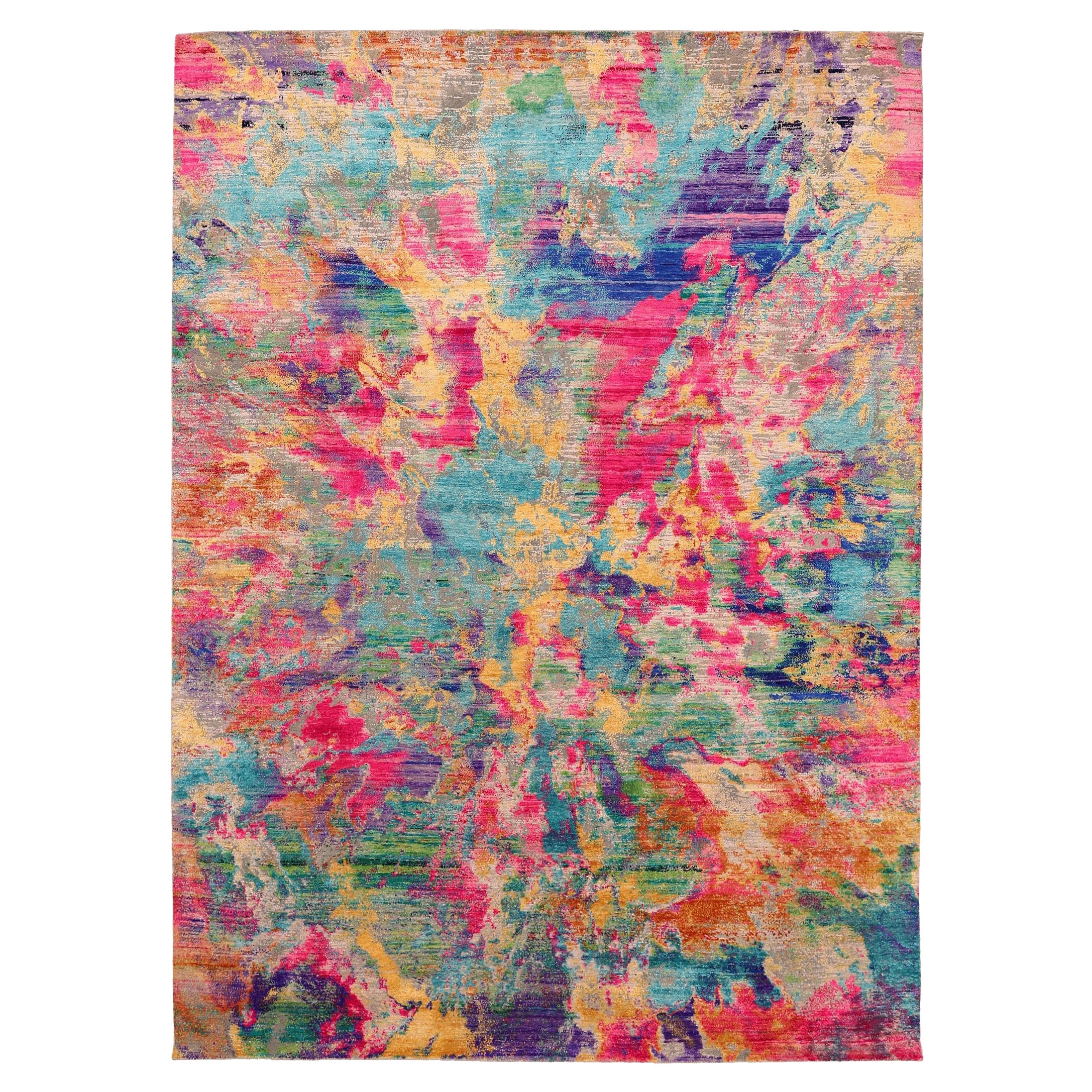 Tapis indien Sari en laine bleu vert rose jaune - 94126