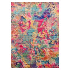 Indien Sari Seide Bereich Teppiche - Wolle Blau Grün Rosa Gelb - 94126