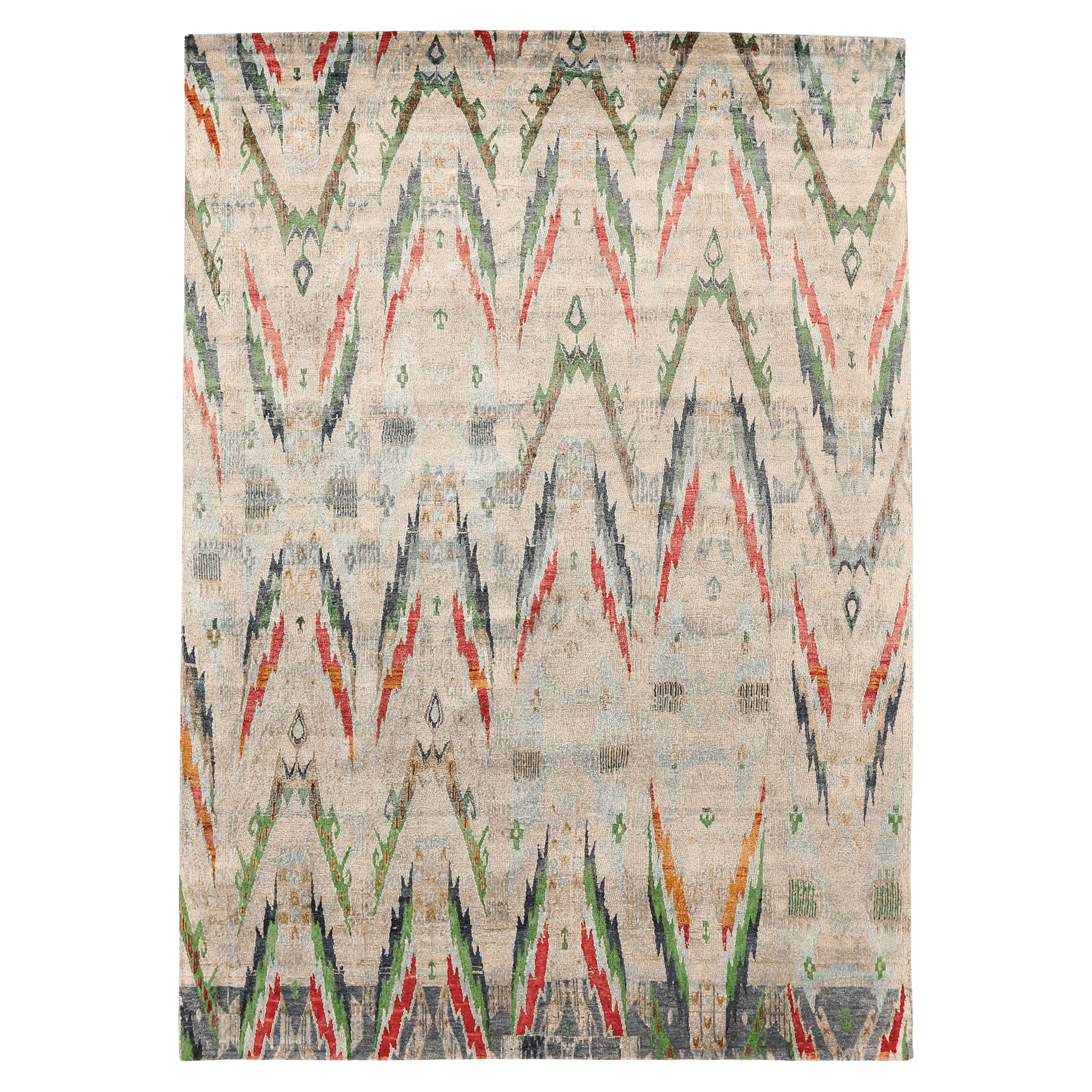 Tapis indien Sari en laine vert ivoire rouge motif - 94131