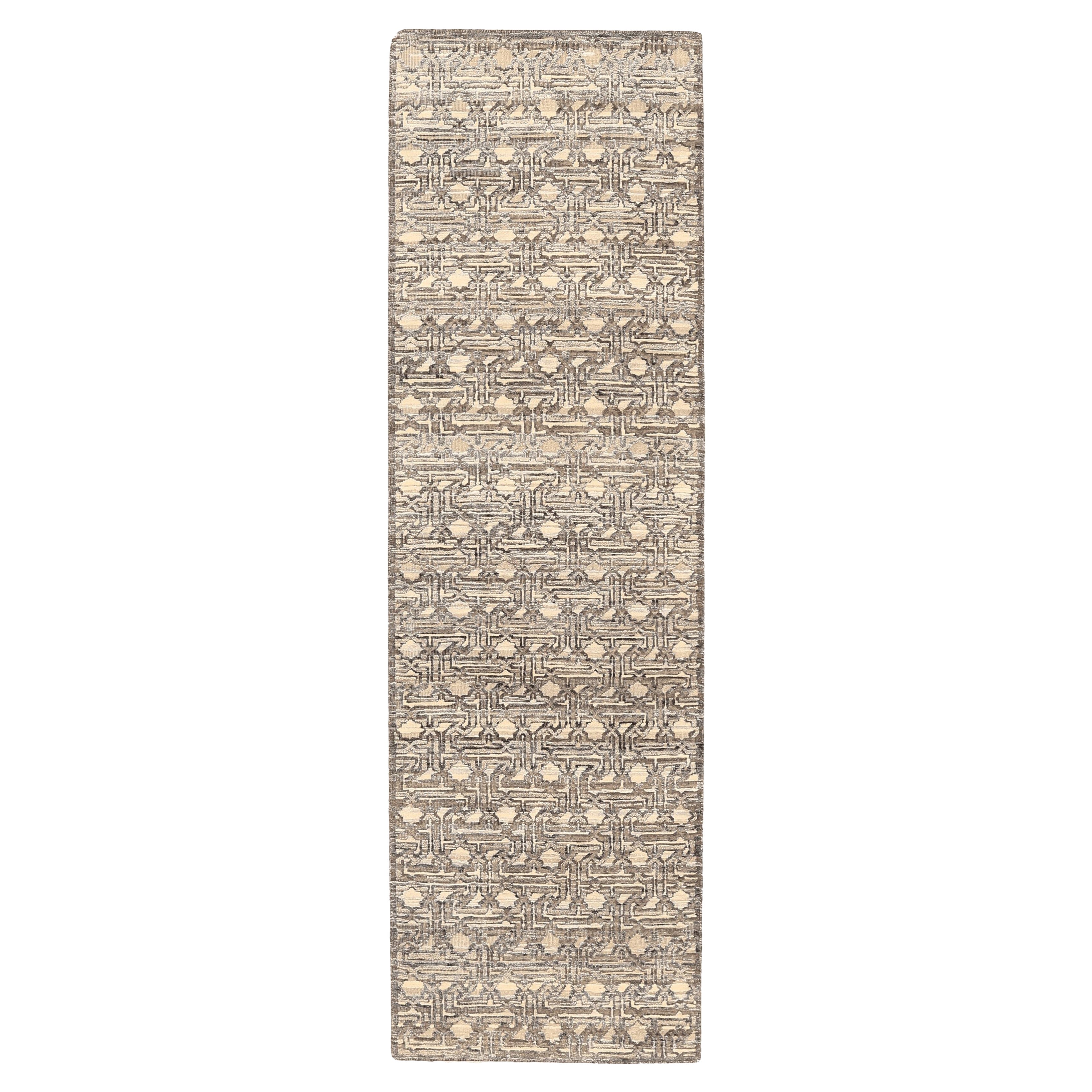 India Modern Runner Rug - Wool Brown Ivory Design - 94202 im Angebot