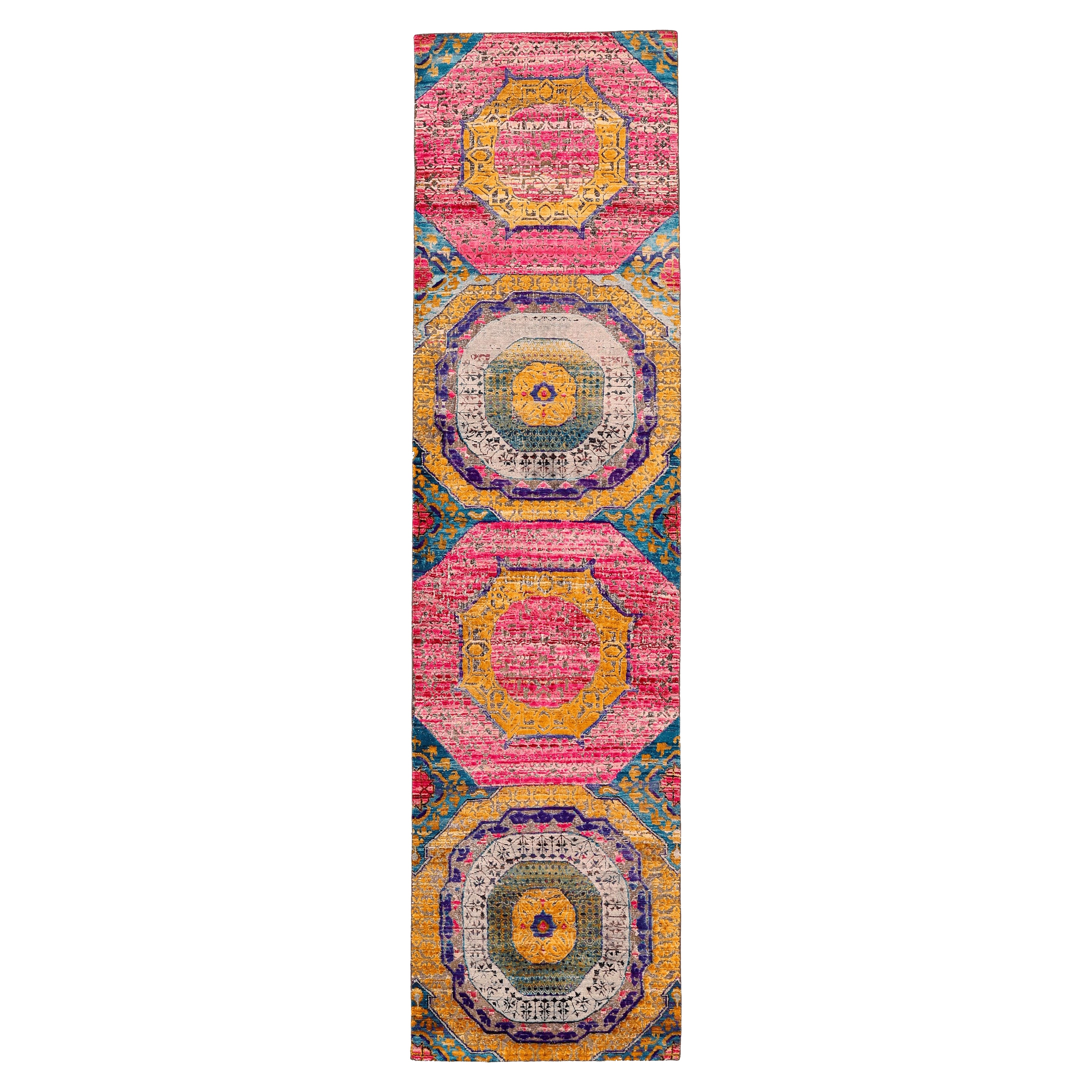 Tapis de course India Mamluke - Laine Bleu Rose Purpel Yellow Design - 94197