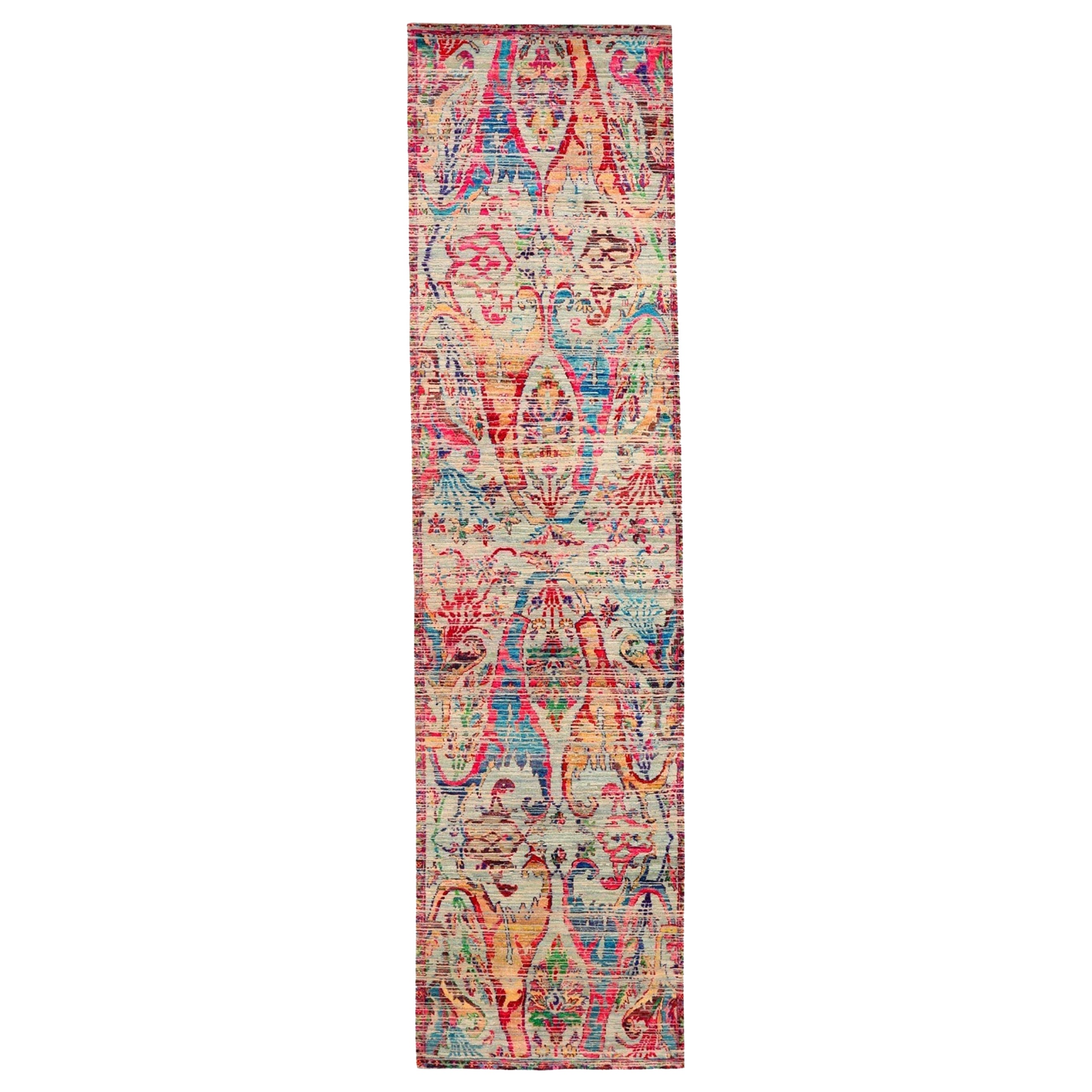 Tappeto Sari in seta dell'India - lana blu avorio rosa rosso giallo - 94210