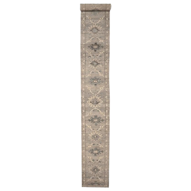 Afghanistan Oushak-Läufer aus Wolle in Elfenbein und Taupe mit Design - 94619