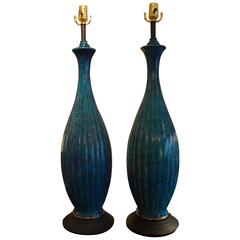 Large Pair of Italian Blue Glazed Pottery Lamps  33" H