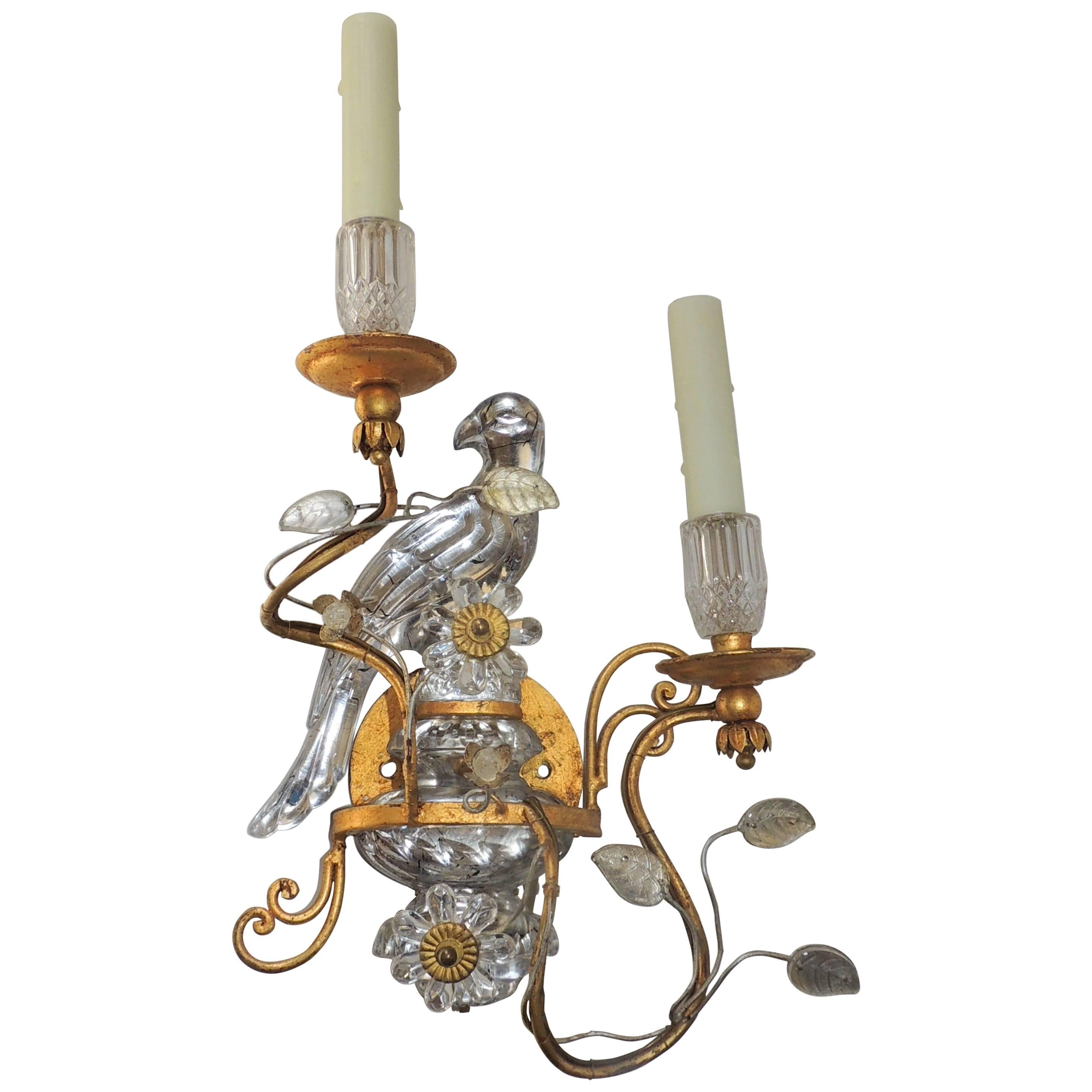 Wonderful Gilded Maison Baguès Style Glass Rock Crystal Parrot Bird Sconce