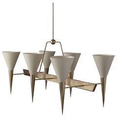 Vintage Cream Enamel / Brass Cone Chandelier