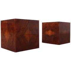 Pair of Burlwood Jean Claude Mahey Side Tables or display Cubes, France, 1970s
