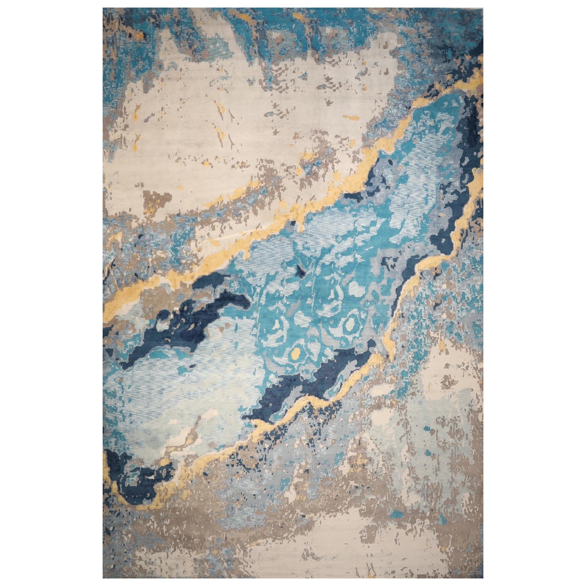 Tapis Inde surdimensionné en laine bleu ivoire jaune motif - 99655