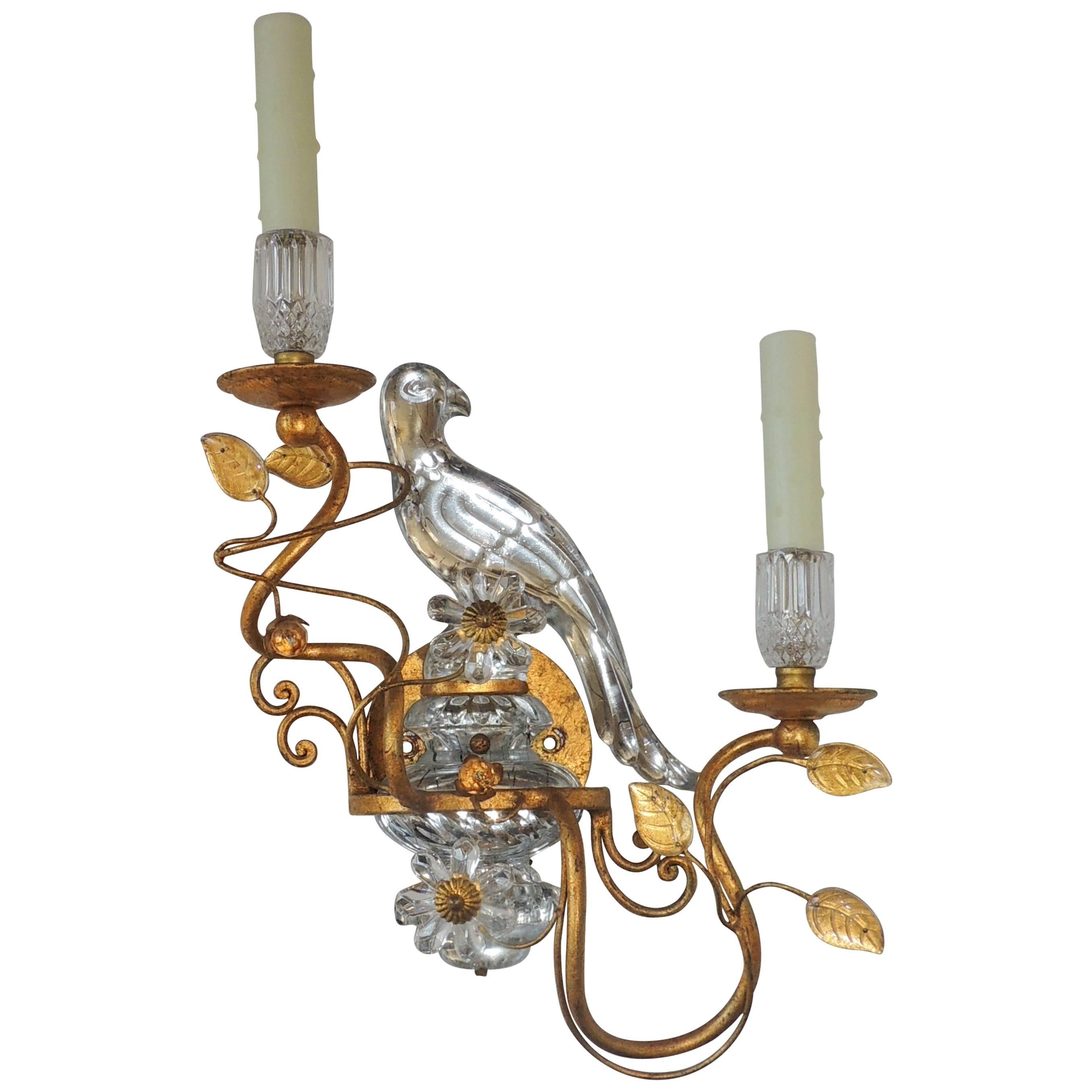 Wonderful Gilt Maison Baguès Glass Rock Crystal Style Parrot Bird Sconce 2 Arm