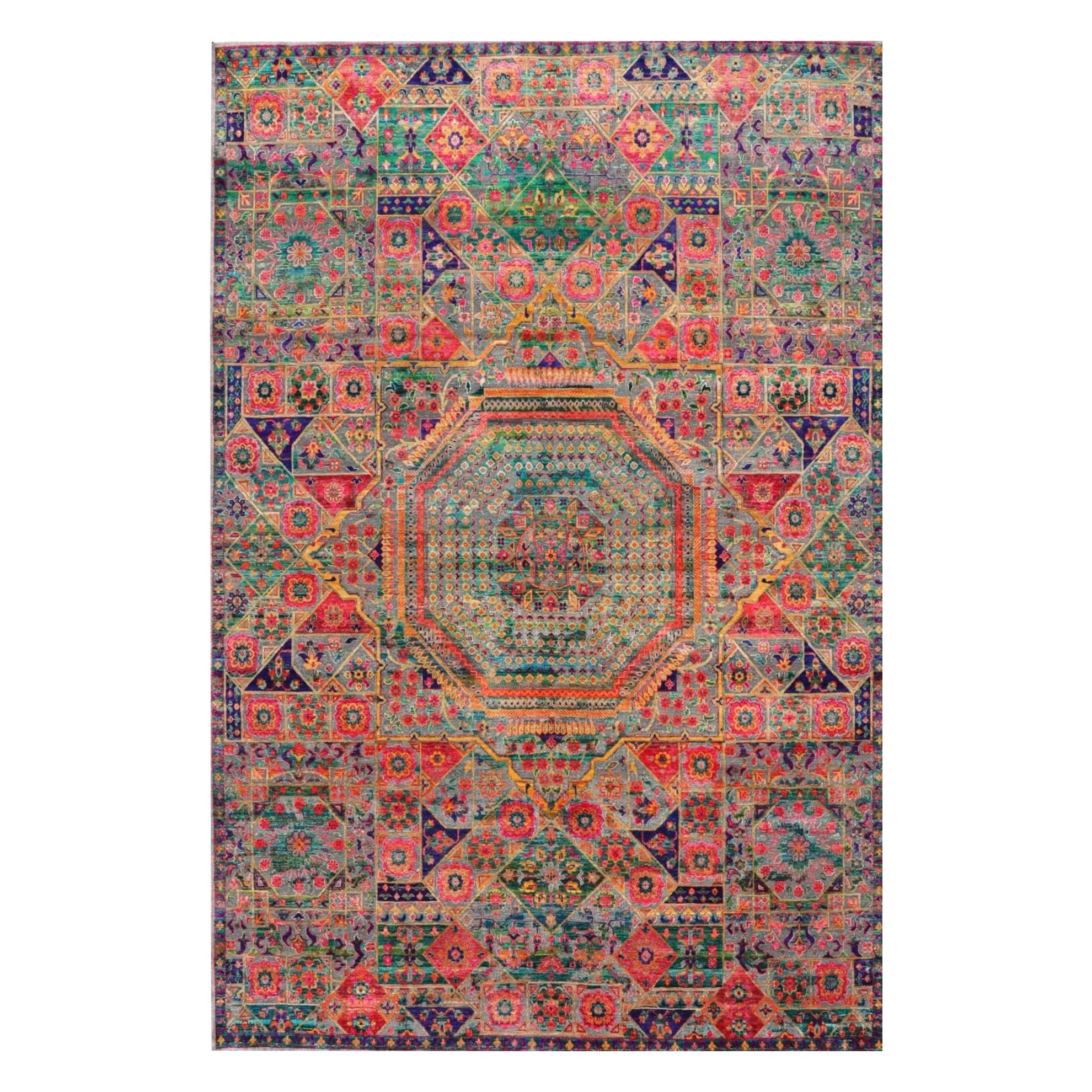 Tapis de zone Sari en laine vert rose jaune motif
