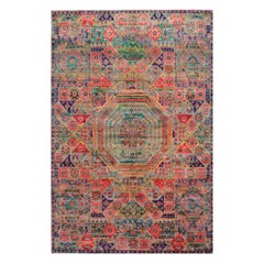 India Sari Silk Area Rugs - Wool Green Pink Yellow Design -